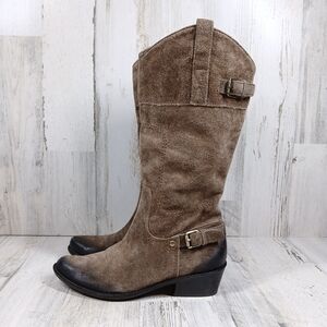 Franco Sarto Western Boots Women's 7 Distressed Taupe Suede Leather Buckle